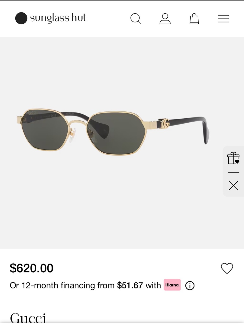 Gucci Gold Frame Sunglasses with Dark Green Lenses and Black Temples